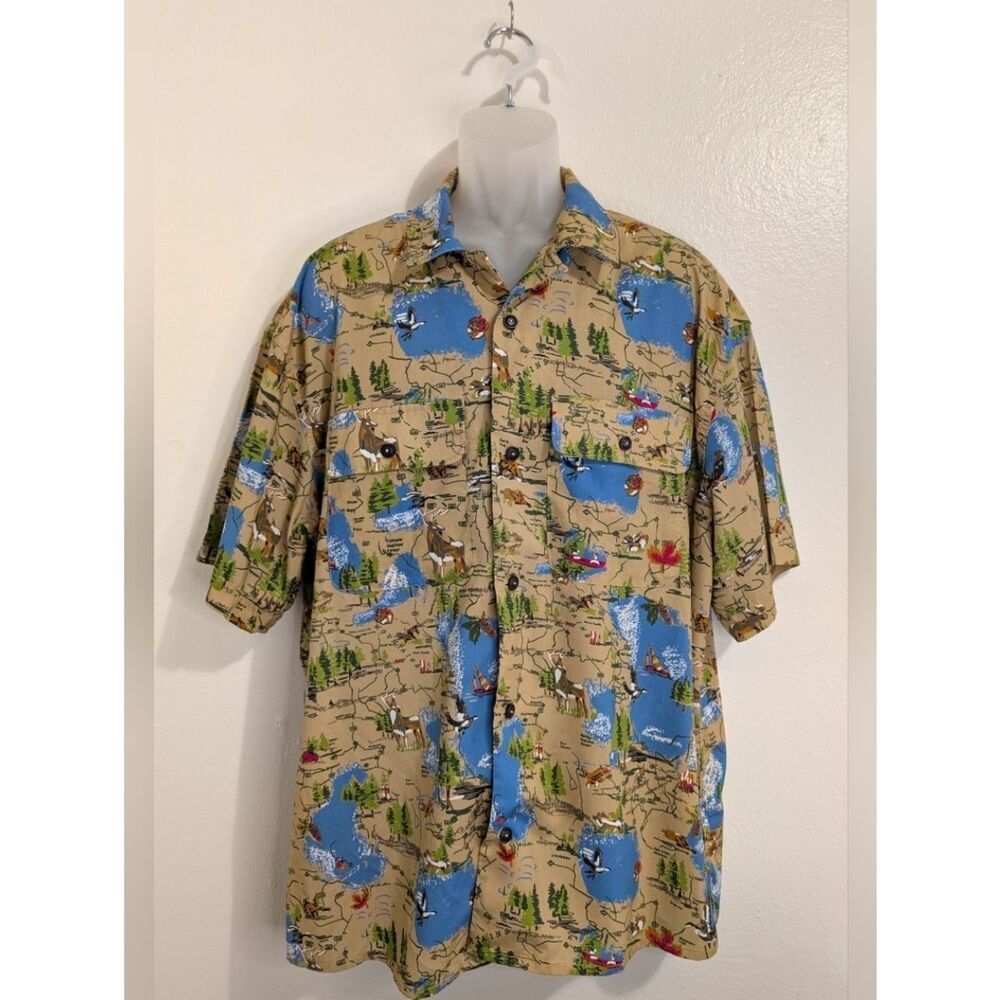 Roots Outdoors Novelty Print Forest Mountains Cabincore Canada Shirt XL